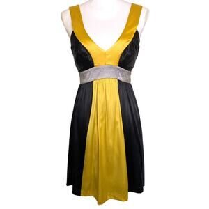 Arden B. 100% Silk Colorblock Babydoll Dress Women XS Yellow Silver Cocktail Y2K